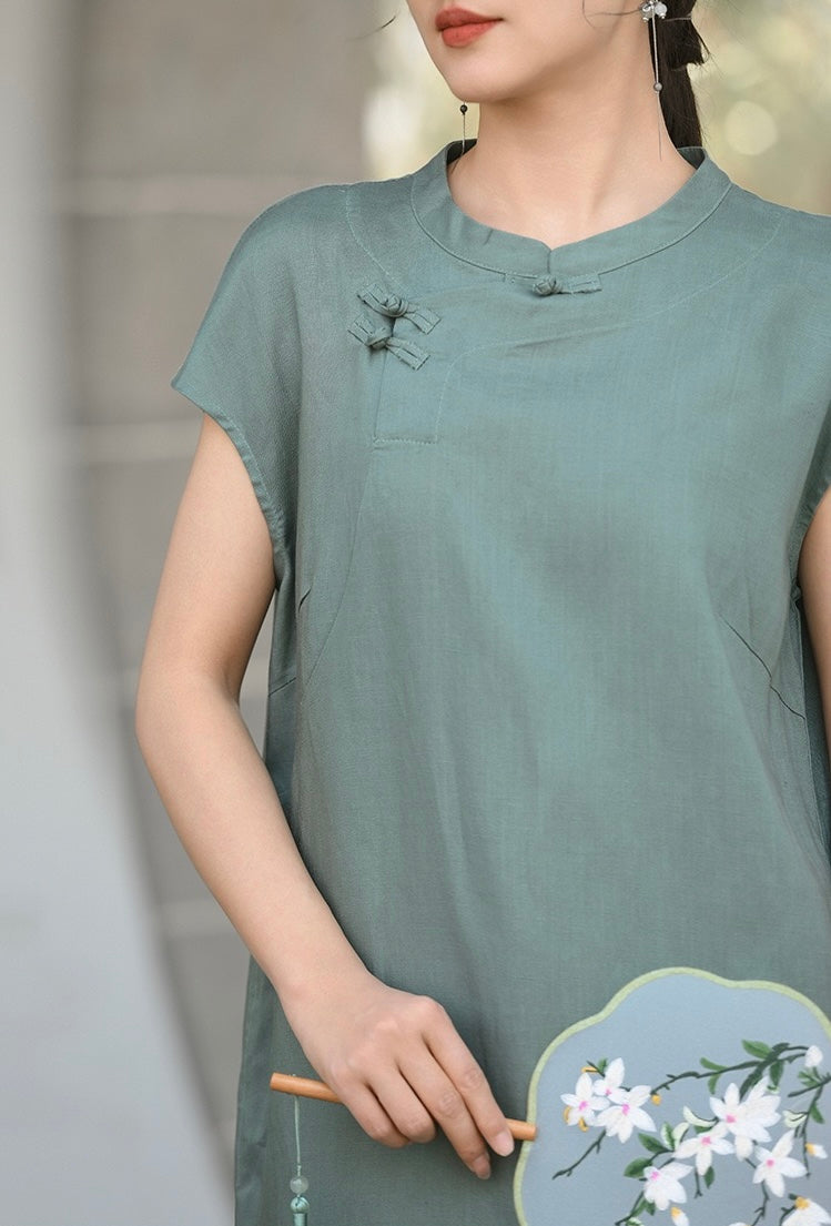 Tao One Tech™ • Classical Cheongsam Dress • Business Qigong • Long Dress • Chinoiserie • Tech Pockets • Premium Tencel Lyocell Linen • Sizes M-XXL
