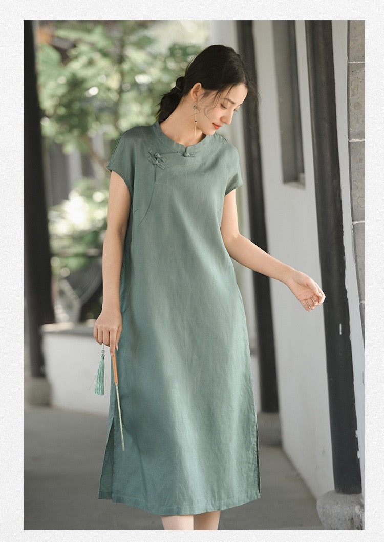 Tao One Tech™ • Classical Cheongsam Dress • Business Qigong • Long Dress • Chinoiserie • Tech Pockets • Premium Tencel Lyocell Linen • Sizes M-XXL