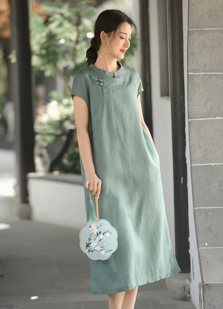 Tao One Tech™ • Classical Cheongsam Dress • Business Qigong • Long Dress • Chinoiserie • Tech Pockets • Premium Tencel Lyocell Linen • Sizes M-XXL