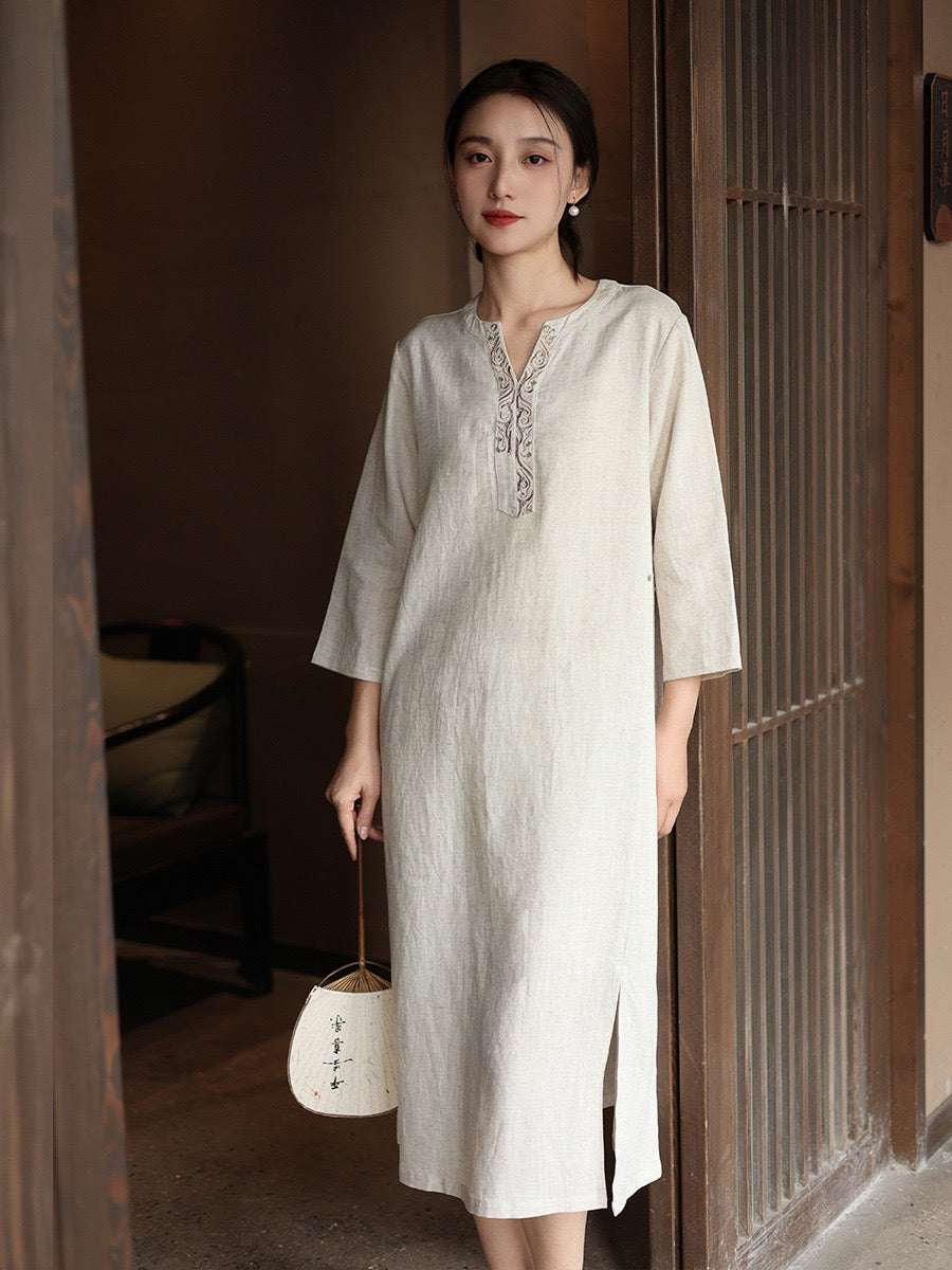 Tao One Tech™ • Elegant Floral Cheongsam Dress • Business Qigong • Long Dress • Chinoiserie • Premium Tencel Lyocell Linen • Sizes M-XXL