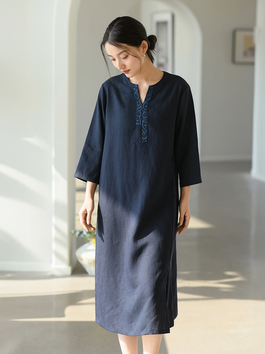 Tao One Tech™ • Elegant Floral Cheongsam Dress • Business Qigong • Long Dress • Chinoiserie • Premium Tencel Lyocell Linen • Sizes M-XXL