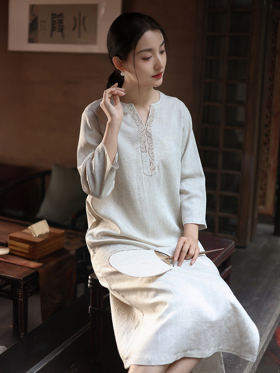 Tao One Tech™ • Elegant Floral Cheongsam Dress • Business Qigong • Long Dress • Chinoiserie • Premium Tencel Lyocell Linen • Sizes M-XXL