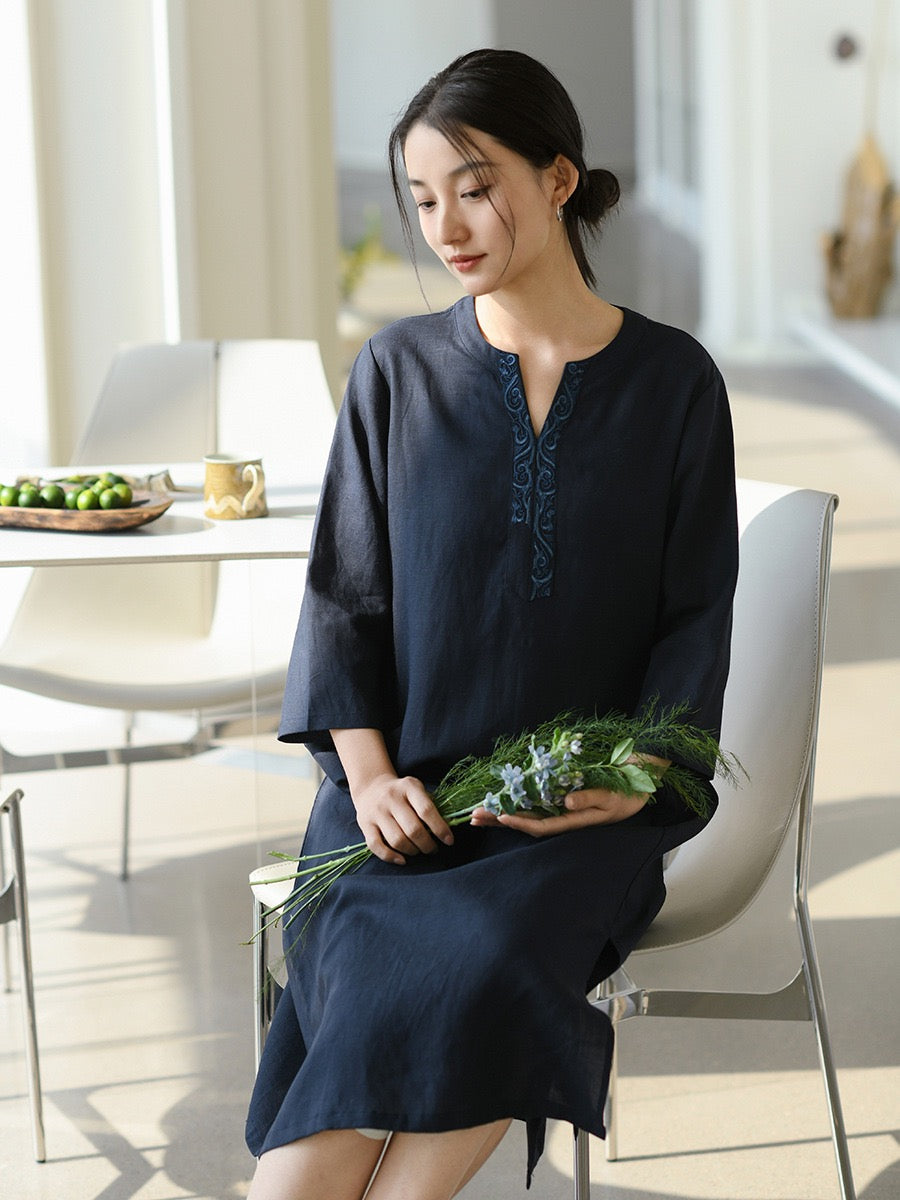 Tao One Tech™ • Elegant Floral Cheongsam Dress • Business Qigong • Long Dress • Chinoiserie • Premium Tencel Lyocell Linen • Sizes M-XXL