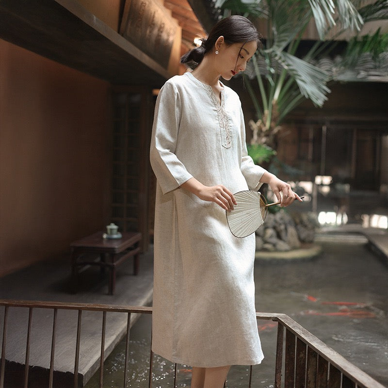 Tao One Tech™ • Elegant Floral Cheongsam Dress • Business Qigong • Long Dress • Chinoiserie • Premium Tencel Lyocell Linen • Sizes M-XXL