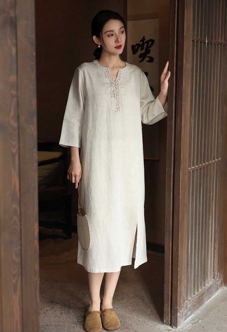 Tao One Tech™ • Elegant Floral Cheongsam Dress • Business Qigong • Long Dress • Chinoiserie • Premium Tencel Lyocell Linen • Sizes M-XXL