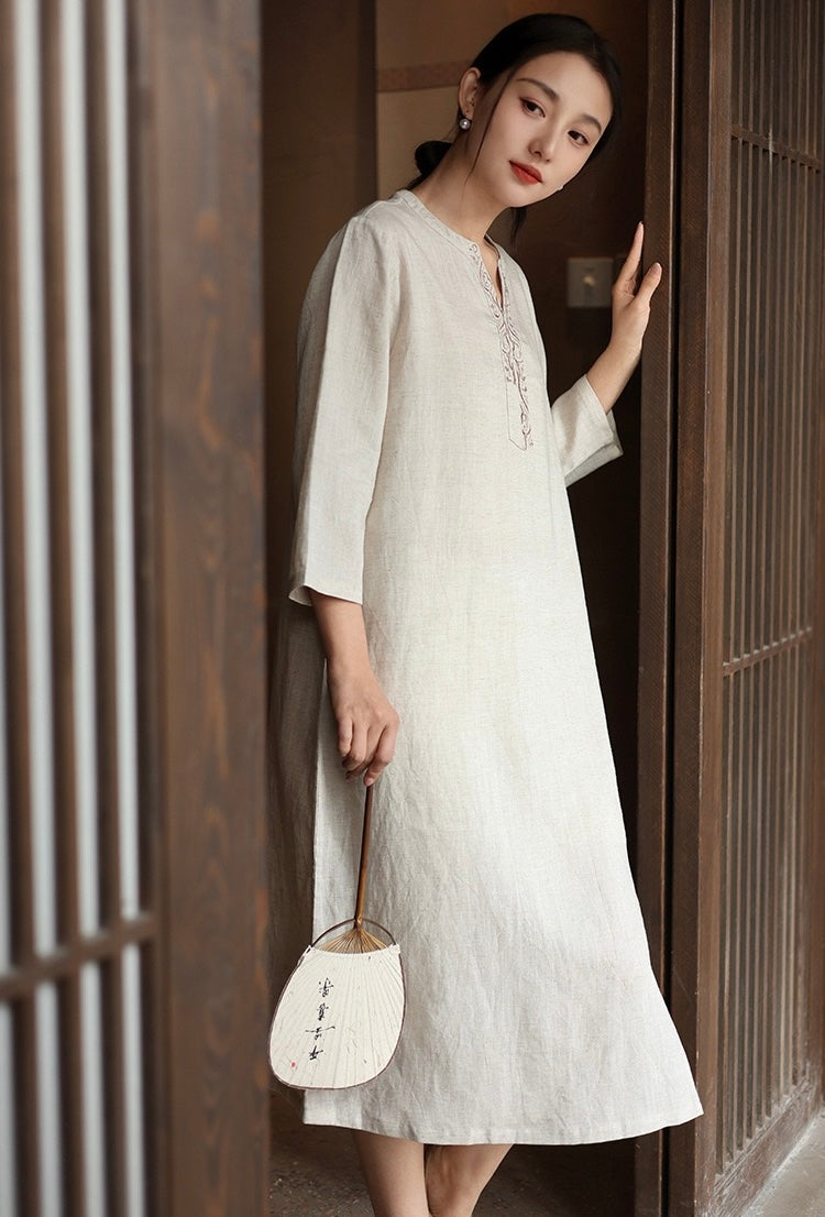 Tao One Tech™ • Elegant Floral Cheongsam Dress • Business Qigong • Long Dress • Chinoiserie • Premium Tencel Lyocell Linen • Sizes M-XXL