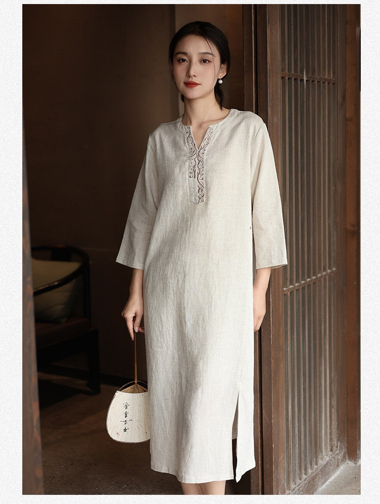 Tao One Tech™ • Elegant Floral Cheongsam Dress • Business Qigong • Long Dress • Chinoiserie • Premium Tencel Lyocell Linen • Sizes M-XXL