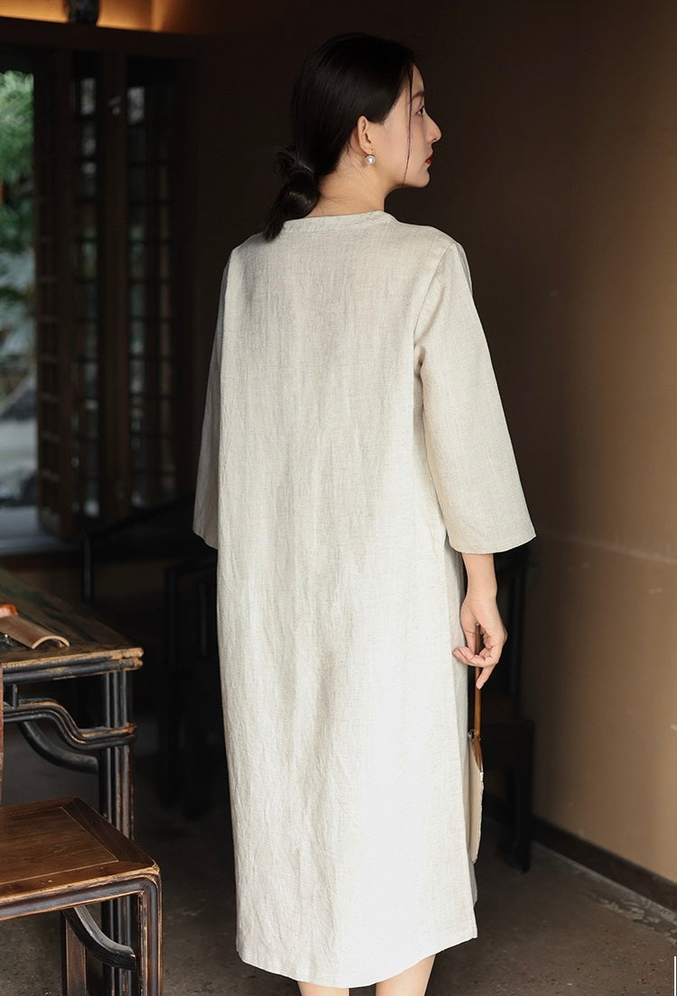 Tao One Tech™ • Elegant Floral Cheongsam Dress • Business Qigong • Long Dress • Chinoiserie • Premium Tencel Lyocell Linen • Sizes M-XXL