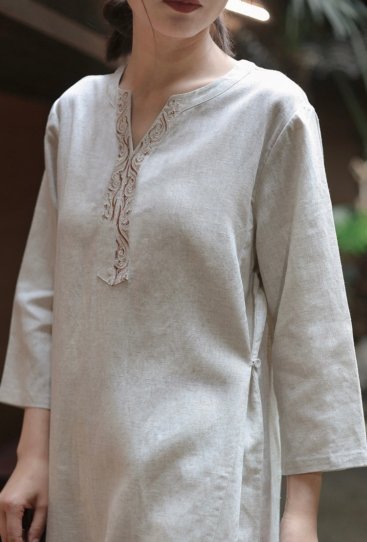Tao One Tech™ • Elegant Floral Cheongsam Dress • Business Qigong • Long Dress • Chinoiserie • Premium Tencel Lyocell Linen • Sizes M-XXL