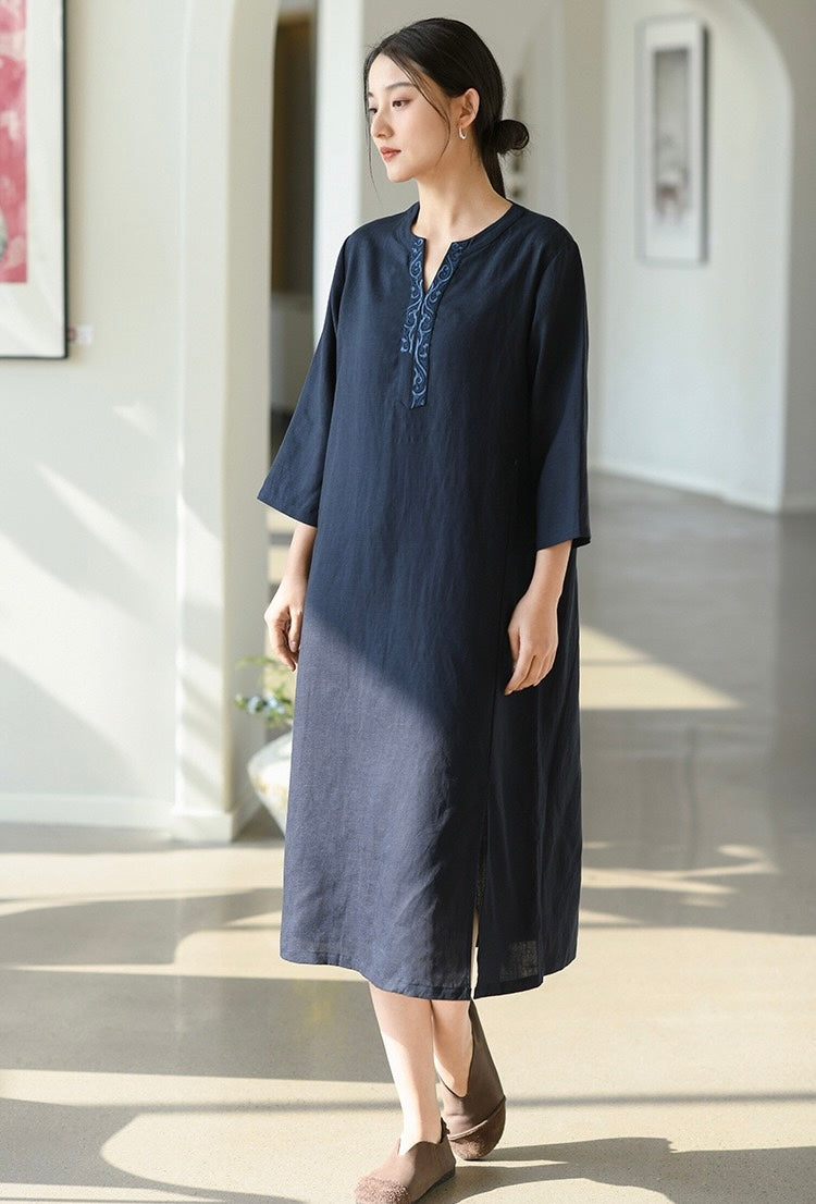 Tao One Tech™ • Elegant Floral Cheongsam Dress • Business Qigong • Long Dress • Chinoiserie • Premium Tencel Lyocell Linen • Sizes M-XXL