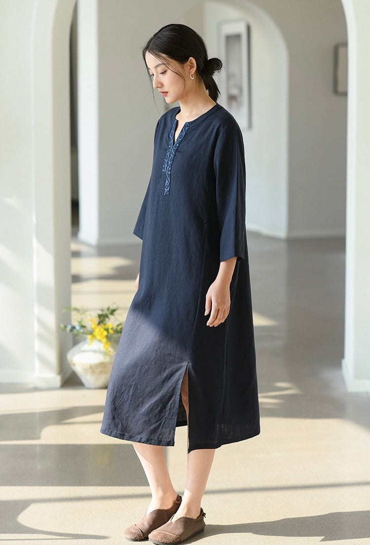 Tao One Tech™ • Elegant Floral Cheongsam Dress • Business Qigong • Long Dress • Chinoiserie • Premium Tencel Lyocell Linen • Sizes M-XXL