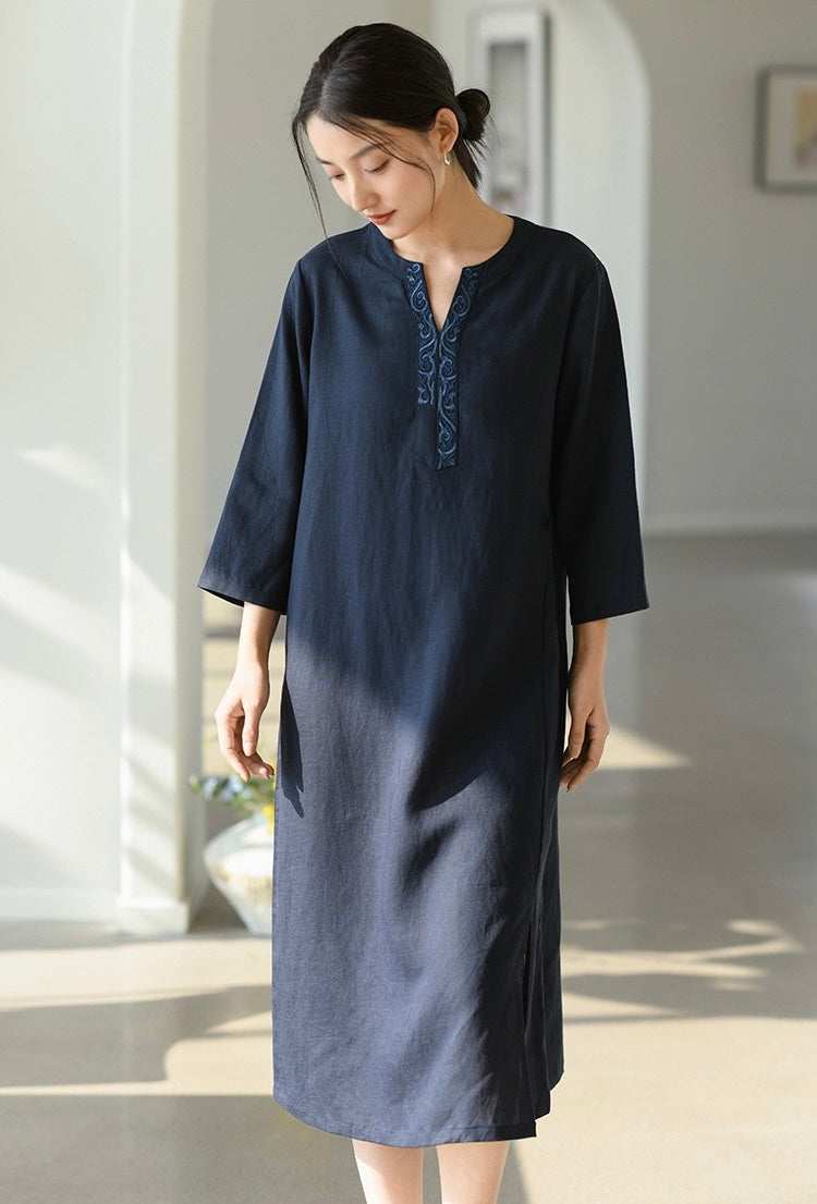 Tao One Tech™ • Elegant Floral Cheongsam Dress • Business Qigong • Long Dress • Chinoiserie • Premium Tencel Lyocell Linen • Sizes M-XXL