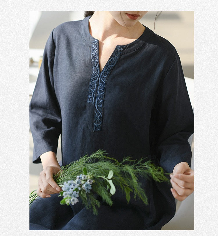 Tao One Tech™ • Elegant Floral Cheongsam Dress • Business Qigong • Long Dress • Chinoiserie • Premium Tencel Lyocell Linen • Sizes M-XXL