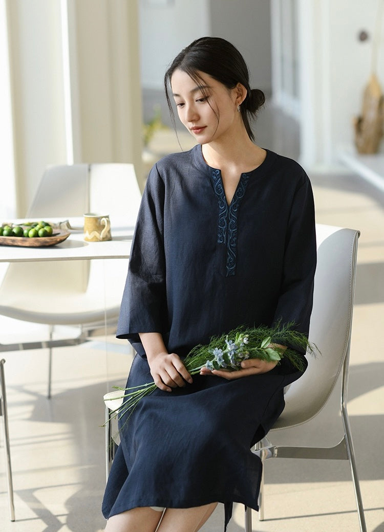 Tao One Tech™ • Elegant Floral Cheongsam Dress • Business Qigong • Long Dress • Chinoiserie • Premium Tencel Lyocell Linen • Sizes M-XXL
