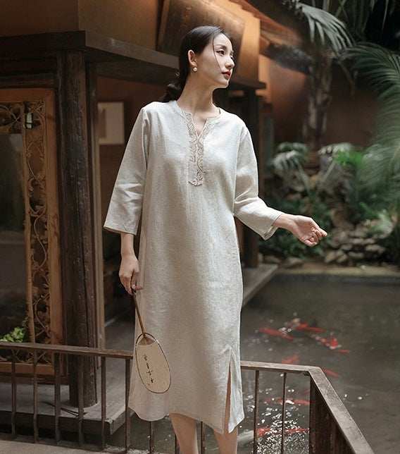 Tao One Tech™ • Elegant Floral Cheongsam Dress • Business Qigong • Long Dress • Chinoiserie • Premium Tencel Lyocell Linen • Sizes M-XXL