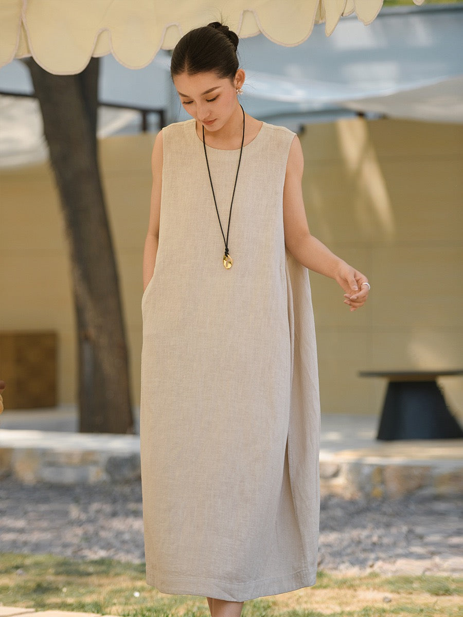 Tao One Tech™ • Qi Flow Lotus Cheongsam Dress • Business Qigong • Sleeveless • Long Dress • Tech Pockets • Chinoiserie • Premium Ramie Cotton • Sizes M-XXL