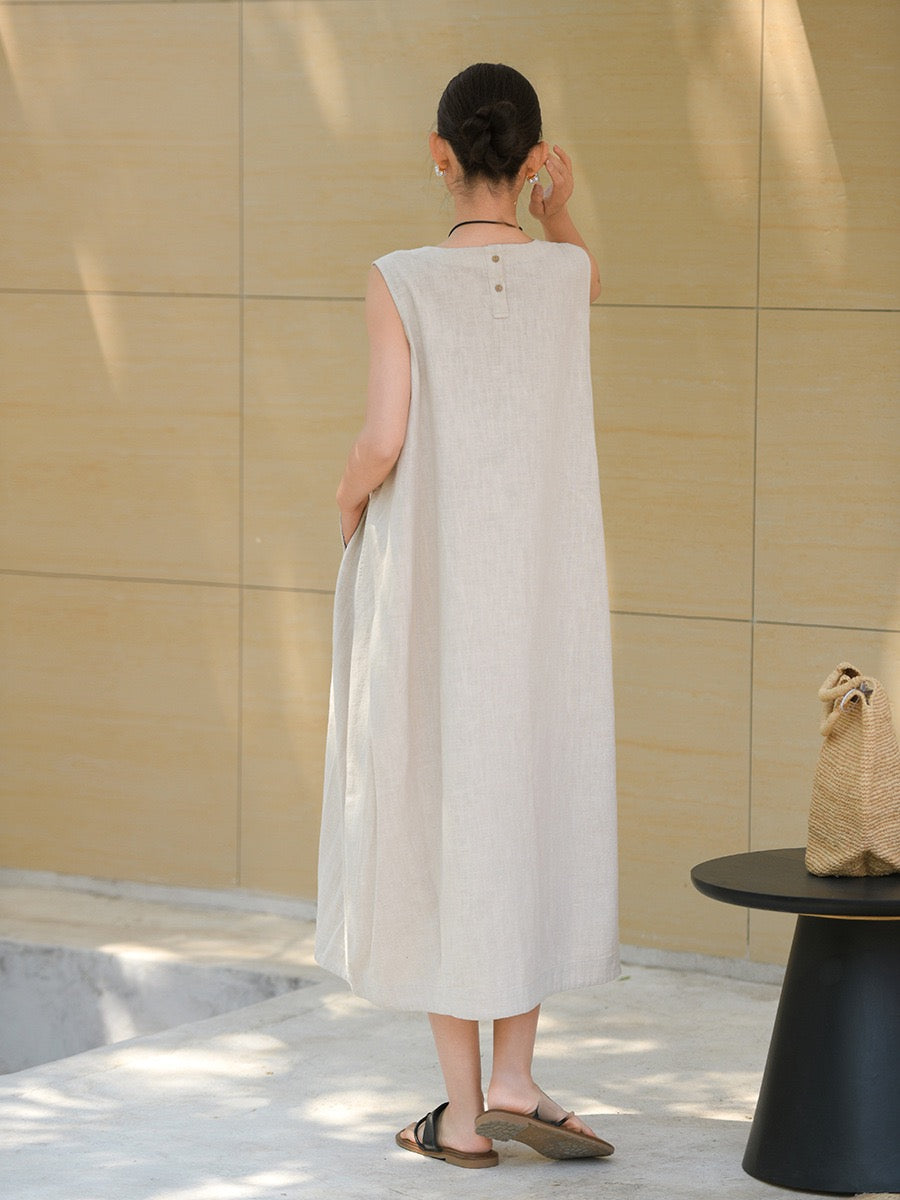 Tao One Tech™ • Qi Flow Lotus Cheongsam Dress • Business Qigong • Sleeveless • Long Dress • Tech Pockets • Chinoiserie • Premium Ramie Cotton • Sizes M-XXL