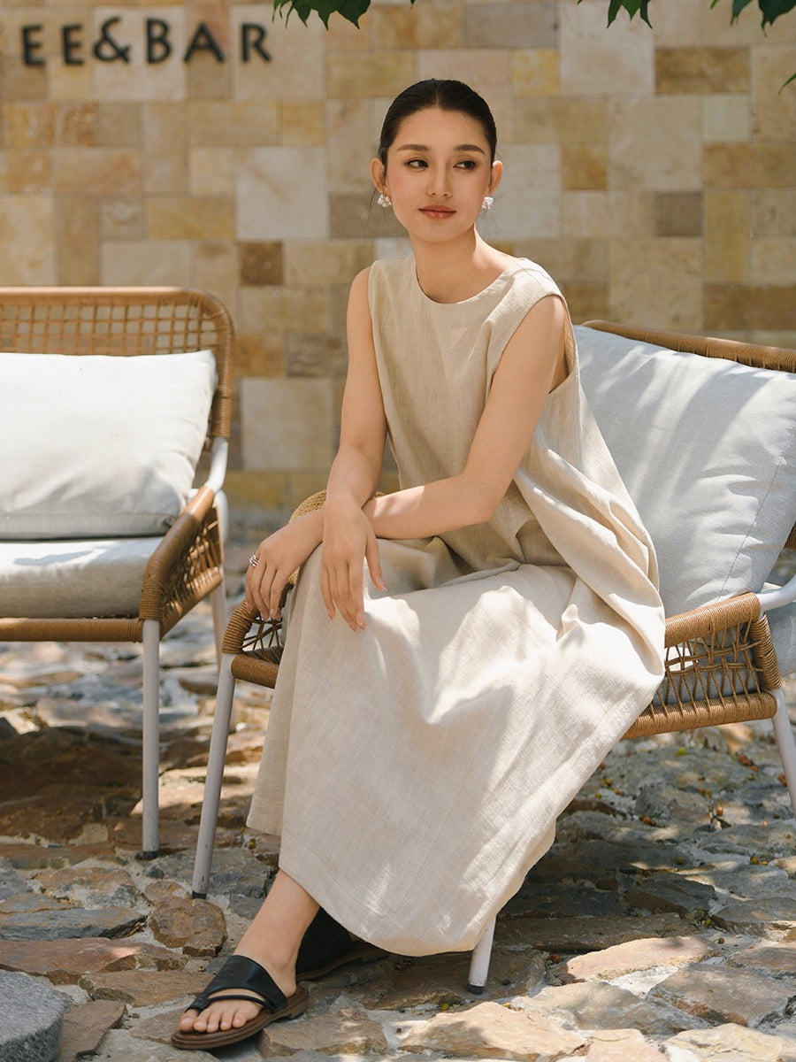 Tao One Tech™ • Qi Flow Lotus Cheongsam Dress • Business Qigong • Sleeveless • Long Dress • Tech Pockets • Chinoiserie • Premium Ramie Cotton • Sizes M-XXL