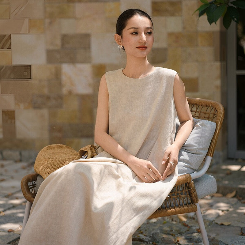 Tao One Tech™ • Qi Flow Lotus Cheongsam Dress • Business Qigong • Sleeveless • Long Dress • Tech Pockets • Chinoiserie • Premium Ramie Cotton • Sizes M-XXL