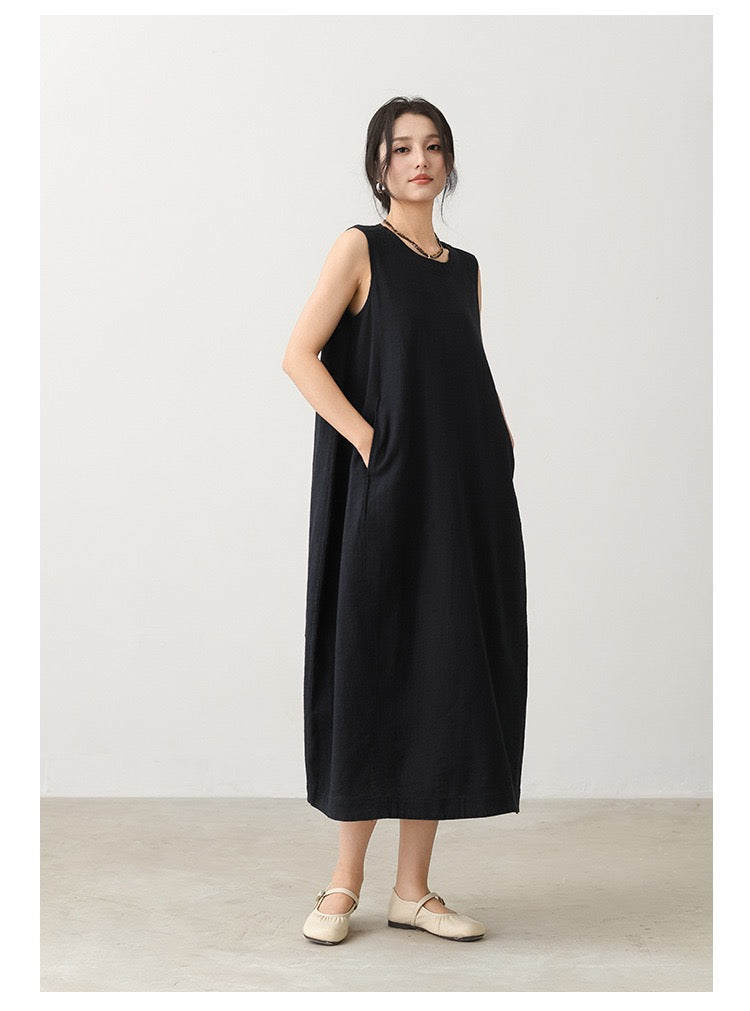 Tao One Tech™ • Qi Flow Lotus Cheongsam Dress • Business Qigong • Sleeveless • Long Dress • Tech Pockets • Chinoiserie • Premium Ramie Cotton • Sizes M-XXL