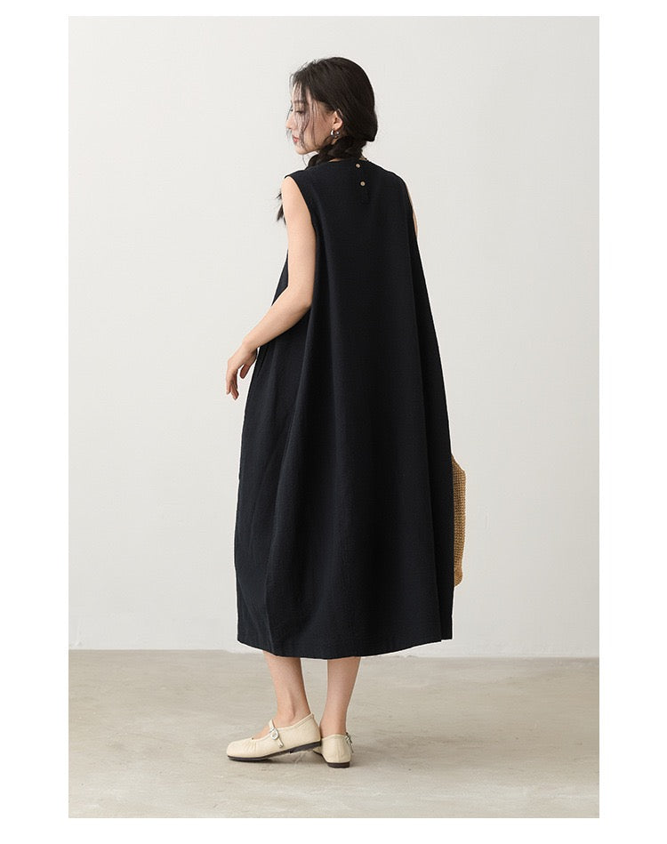 Tao One Tech™ • Qi Flow Lotus Cheongsam Dress • Business Qigong • Sleeveless • Long Dress • Tech Pockets • Chinoiserie • Premium Ramie Cotton • Sizes M-XXL