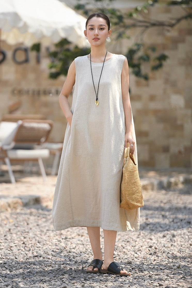 Tao One Tech™ • Qi Flow Lotus Cheongsam Dress • Business Qigong • Sleeveless • Long Dress • Tech Pockets • Chinoiserie • Premium Ramie Cotton • Sizes M-XXL