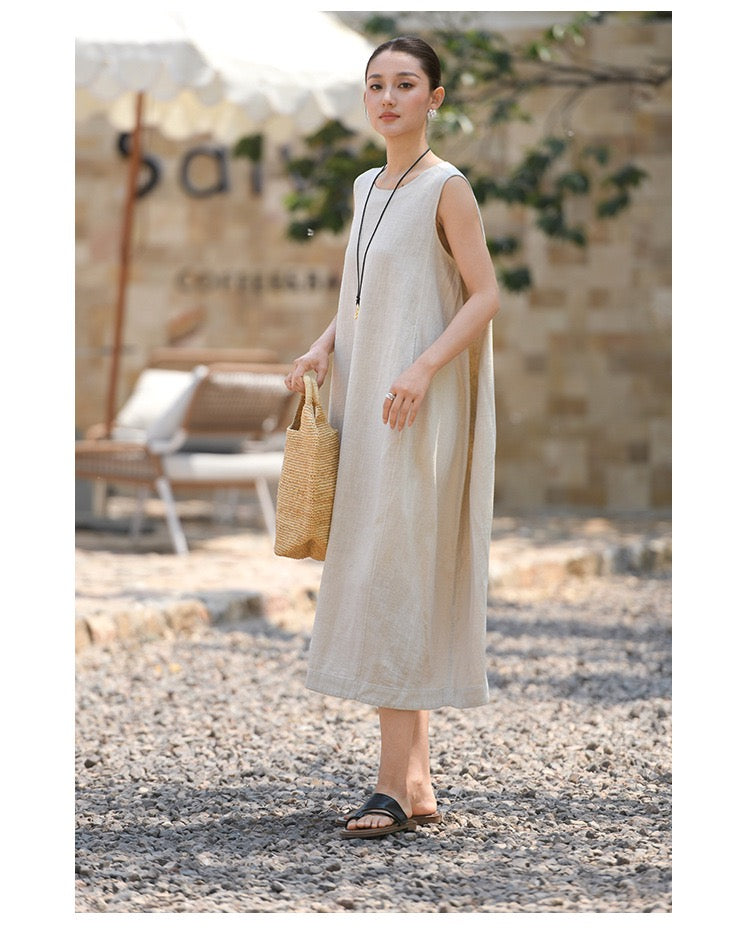 Tao One Tech™ • Qi Flow Lotus Cheongsam Dress • Business Qigong • Sleeveless • Long Dress • Tech Pockets • Chinoiserie • Premium Ramie Cotton • Sizes M-XXL