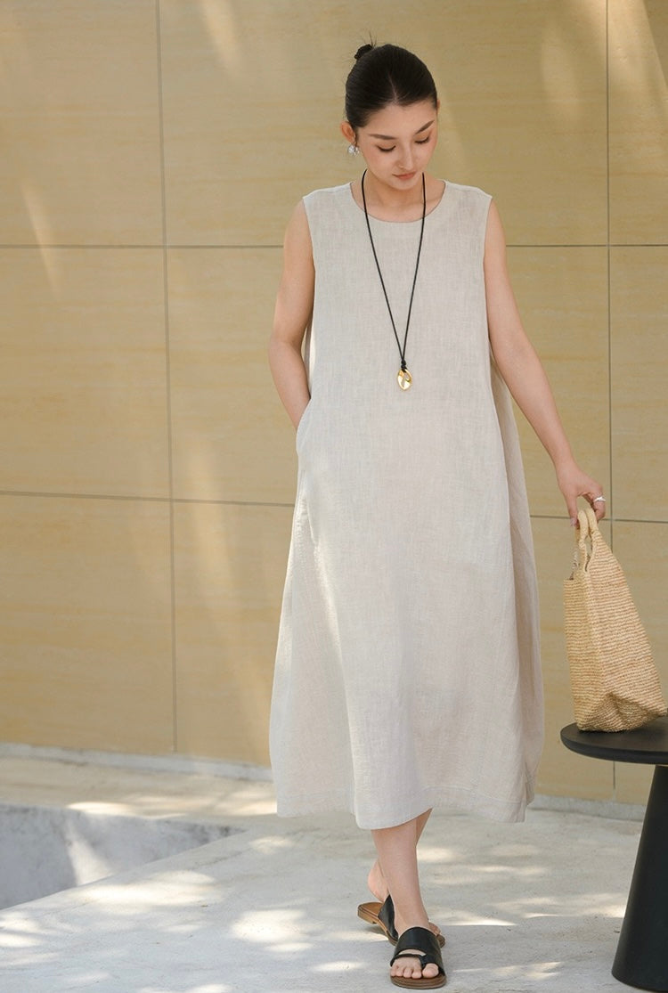 Tao One Tech™ • Qi Flow Lotus Cheongsam Dress • Business Qigong • Sleeveless • Long Dress • Tech Pockets • Chinoiserie • Premium Ramie Cotton • Sizes M-XXL