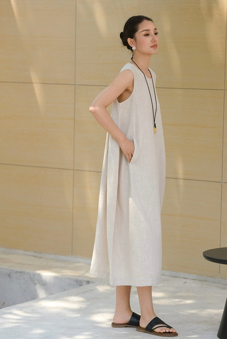 Tao One Tech™ • Qi Flow Lotus Cheongsam Dress • Business Qigong • Sleeveless • Long Dress • Tech Pockets • Chinoiserie • Premium Ramie Cotton • Sizes M-XXL