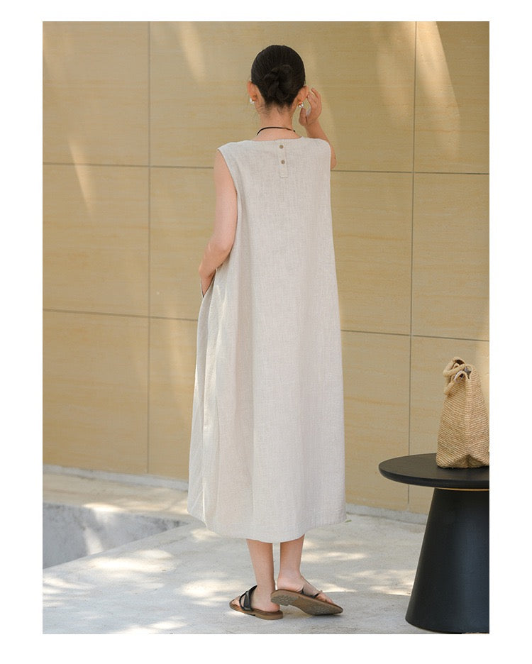 Tao One Tech™ • Qi Flow Lotus Cheongsam Dress • Business Qigong • Sleeveless • Long Dress • Tech Pockets • Chinoiserie • Premium Ramie Cotton • Sizes M-XXL