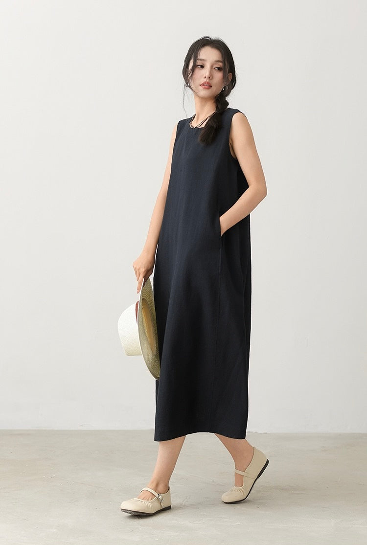 Tao One Tech™ • Qi Flow Lotus Cheongsam Dress • Business Qigong • Sleeveless • Long Dress • Tech Pockets • Chinoiserie • Premium Ramie Cotton • Sizes M-XXL
