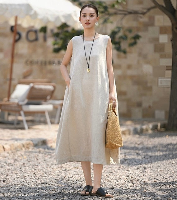 Tao One Tech™ • Qi Flow Lotus Cheongsam Dress • Business Qigong • Sleeveless • Long Dress • Tech Pockets • Chinoiserie • Premium Ramie Cotton • Sizes M-XXL