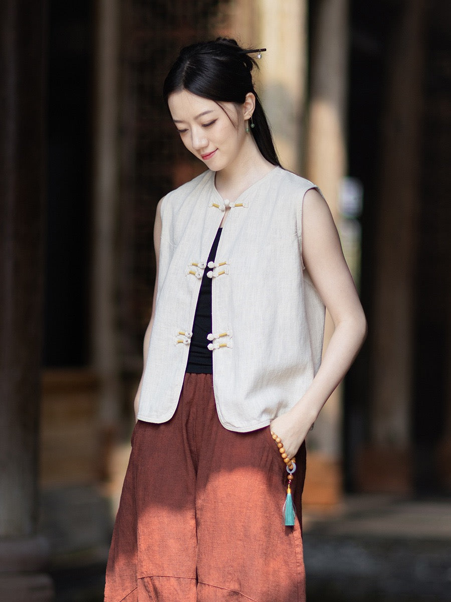Tao One Tech™ • Business Qigong Cardigan Vest • Sleeveless • Chinoiserie • Ramie Cotton