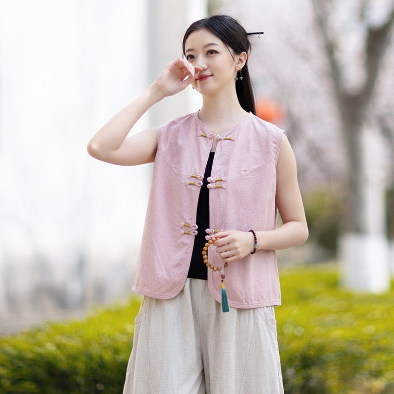 Tao One Tech™ • Business Qigong Cardigan Vest • Sleeveless • Chinoiserie • Ramie Cotton