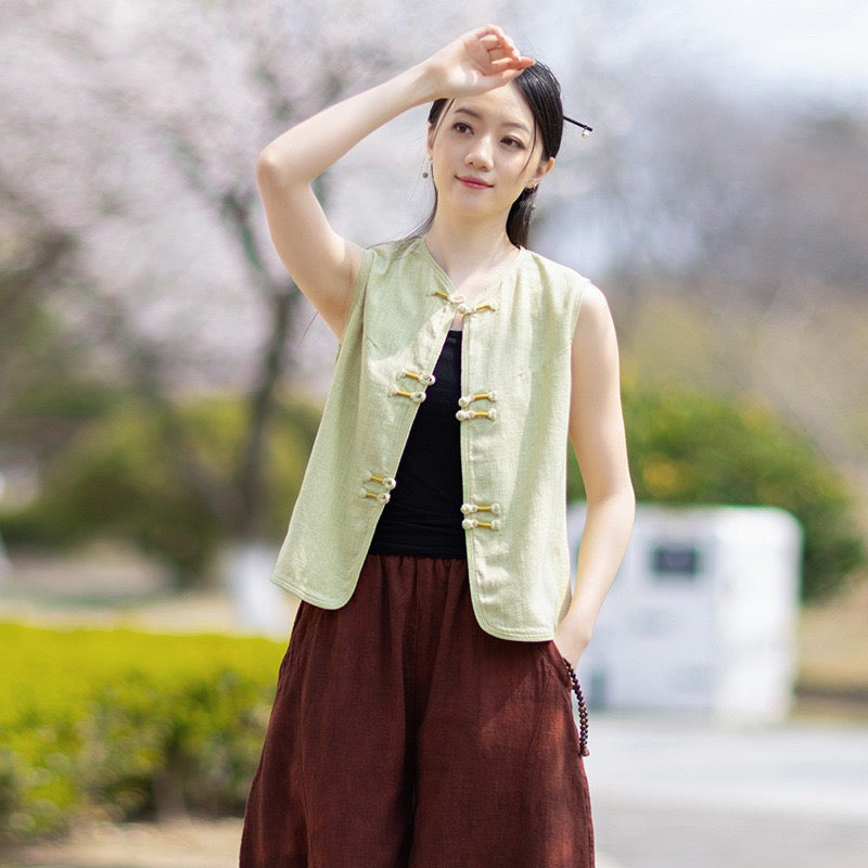 Tao One Tech™ • Business Qigong Cardigan Vest • Sleeveless • Chinoiserie • Ramie Cotton
