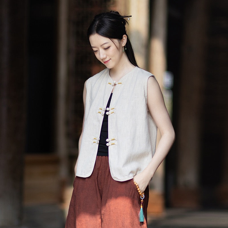 Tao One Tech™ • Business Qigong Cardigan Vest • Sleeveless • Chinoiserie • Ramie Cotton