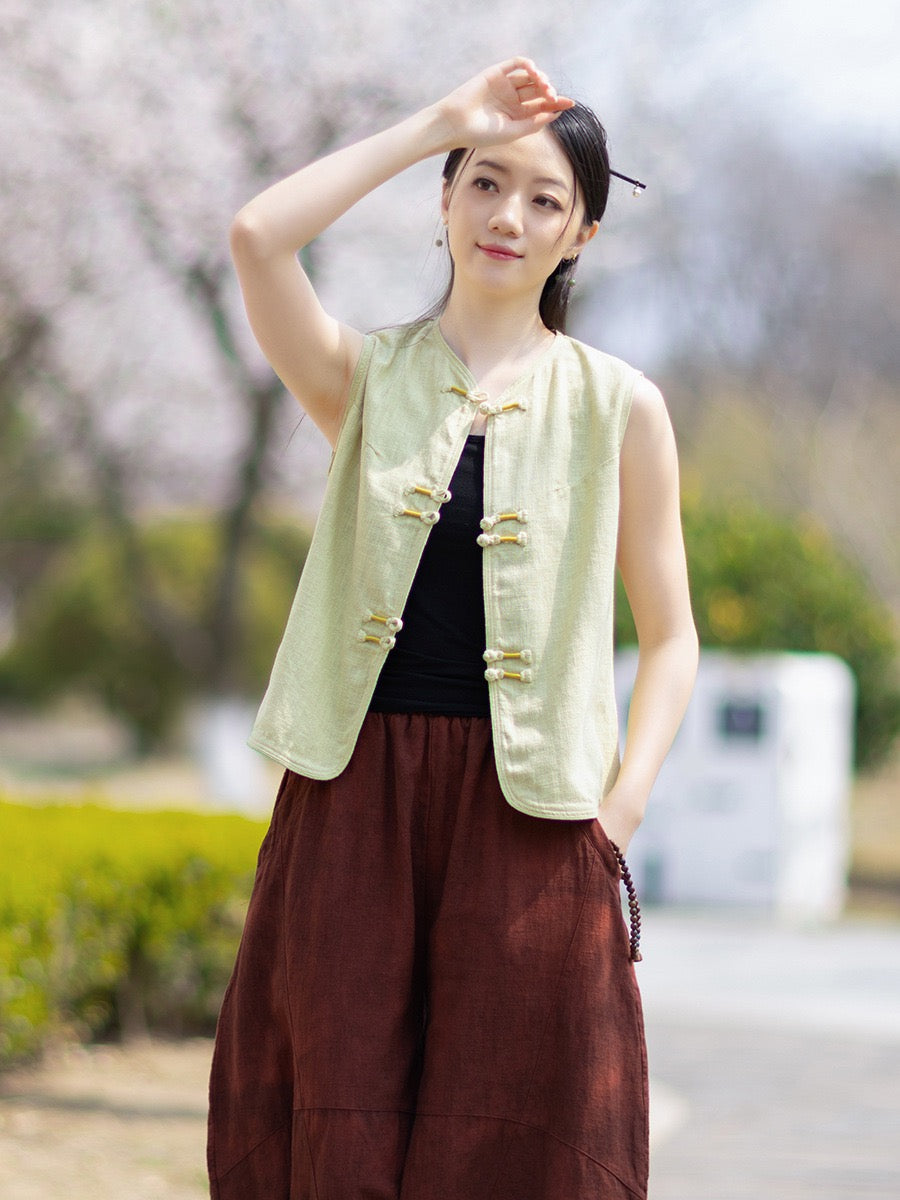 Tao One Tech™ • Business Qigong Cardigan Vest • Sleeveless • Chinoiserie • Ramie Cotton