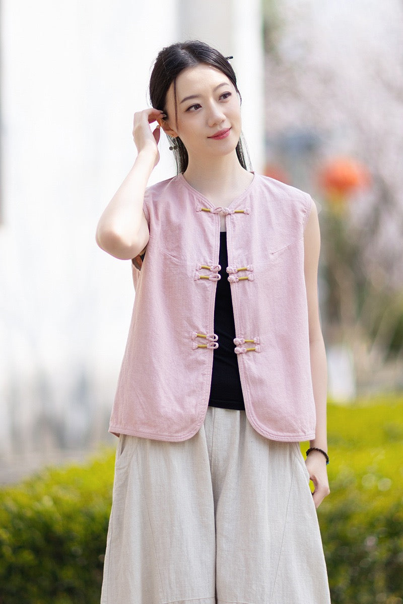 Tao One Tech™ • Business Qigong Cardigan Vest • Sleeveless • Chinoiserie • Ramie Cotton