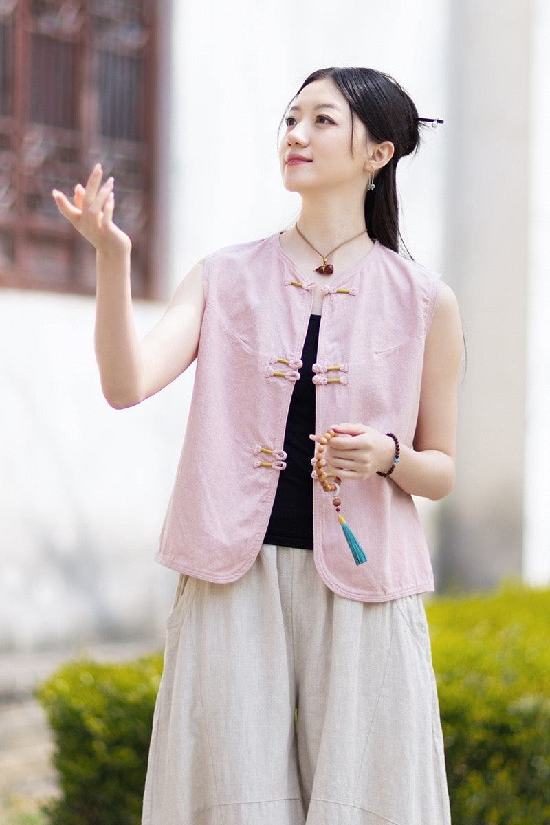 Tao One Tech™ • Business Qigong Cardigan Vest • Sleeveless • Chinoiserie • Ramie Cotton