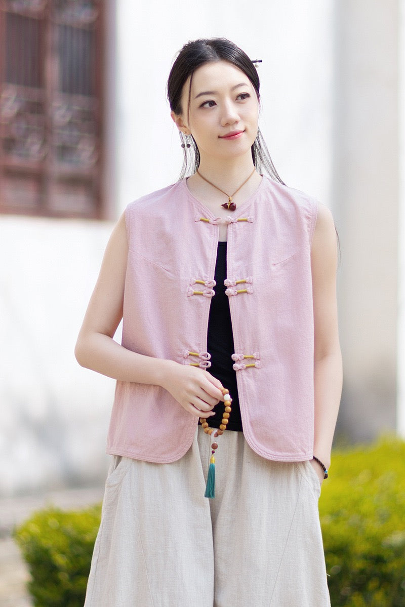 Tao One Tech™ • Business Qigong Cardigan Vest • Sleeveless • Chinoiserie • Ramie Cotton