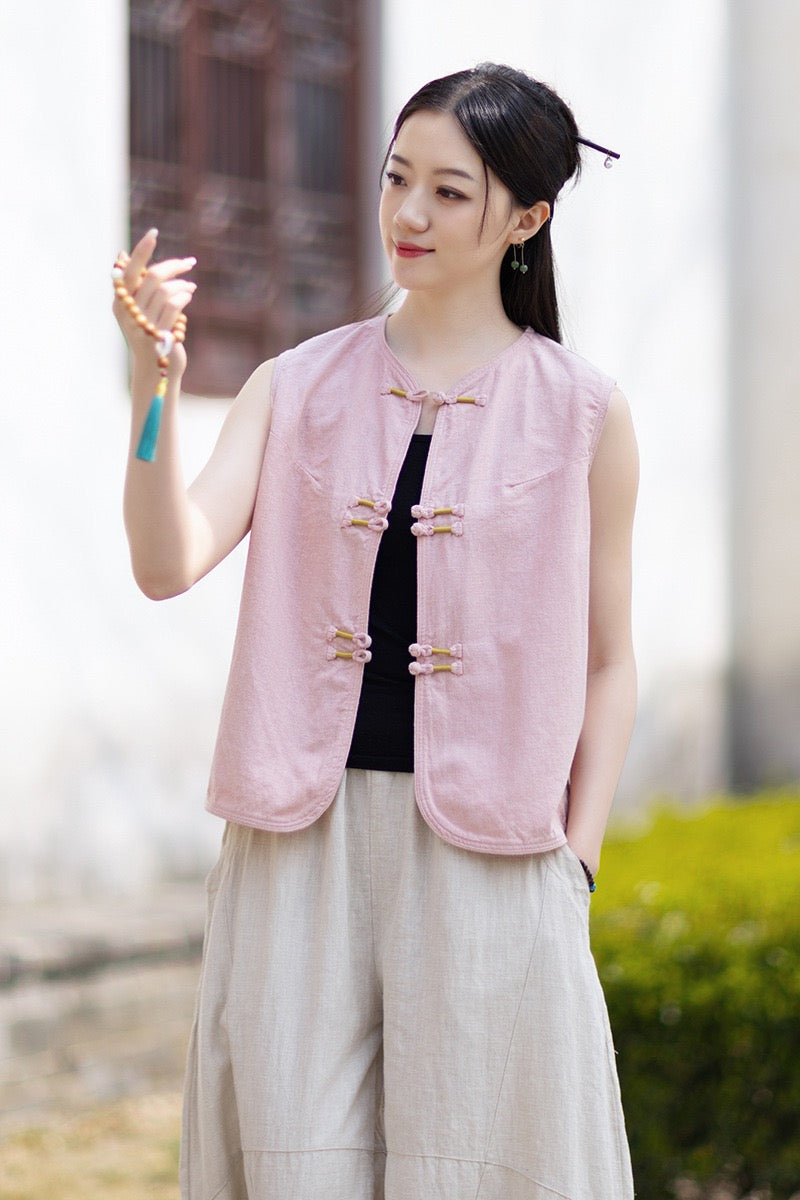 Tao One Tech™ • Business Qigong Cardigan Vest • Sleeveless • Chinoiserie • Ramie Cotton