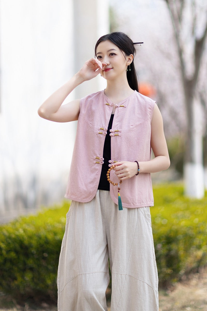 Tao One Tech™ • Business Qigong Cardigan Vest • Sleeveless • Chinoiserie • Ramie Cotton