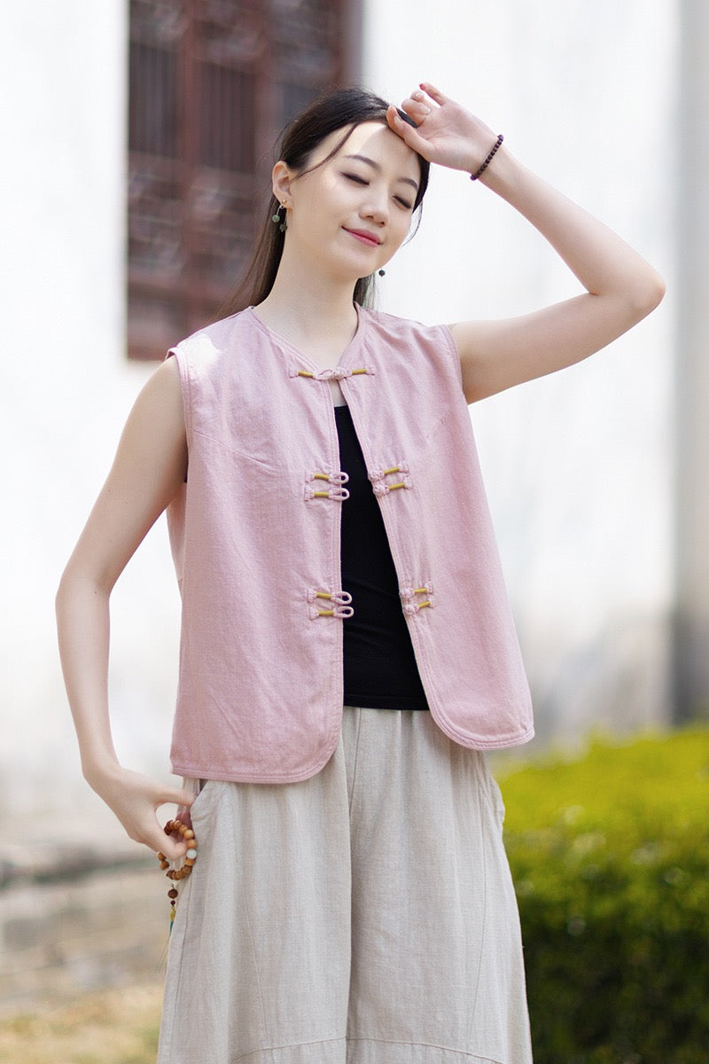 Tao One Tech™ • Business Qigong Cardigan Vest • Sleeveless • Chinoiserie • Ramie Cotton