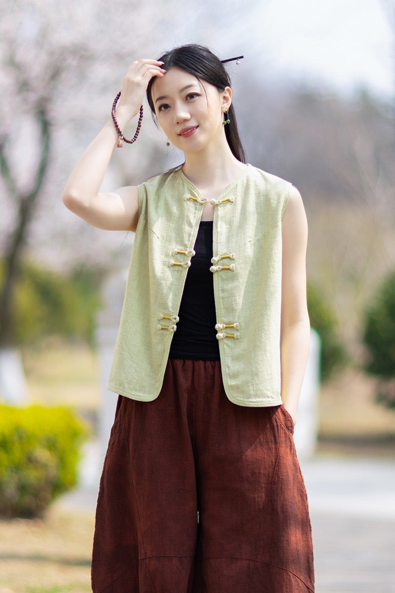 Tao One Tech™ • Business Qigong Cardigan Vest • Sleeveless • Chinoiserie • Ramie Cotton