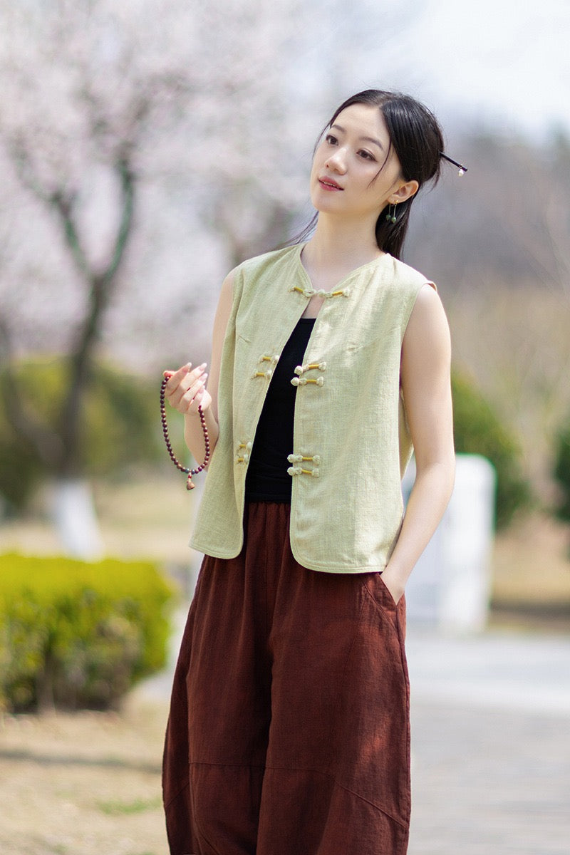 Tao One Tech™ • Business Qigong Cardigan Vest • Sleeveless • Chinoiserie • Ramie Cotton