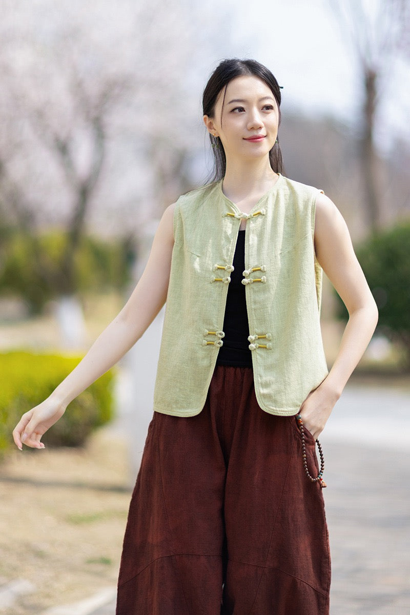 Tao One Tech™ • Business Qigong Cardigan Vest • Sleeveless • Chinoiserie • Ramie Cotton