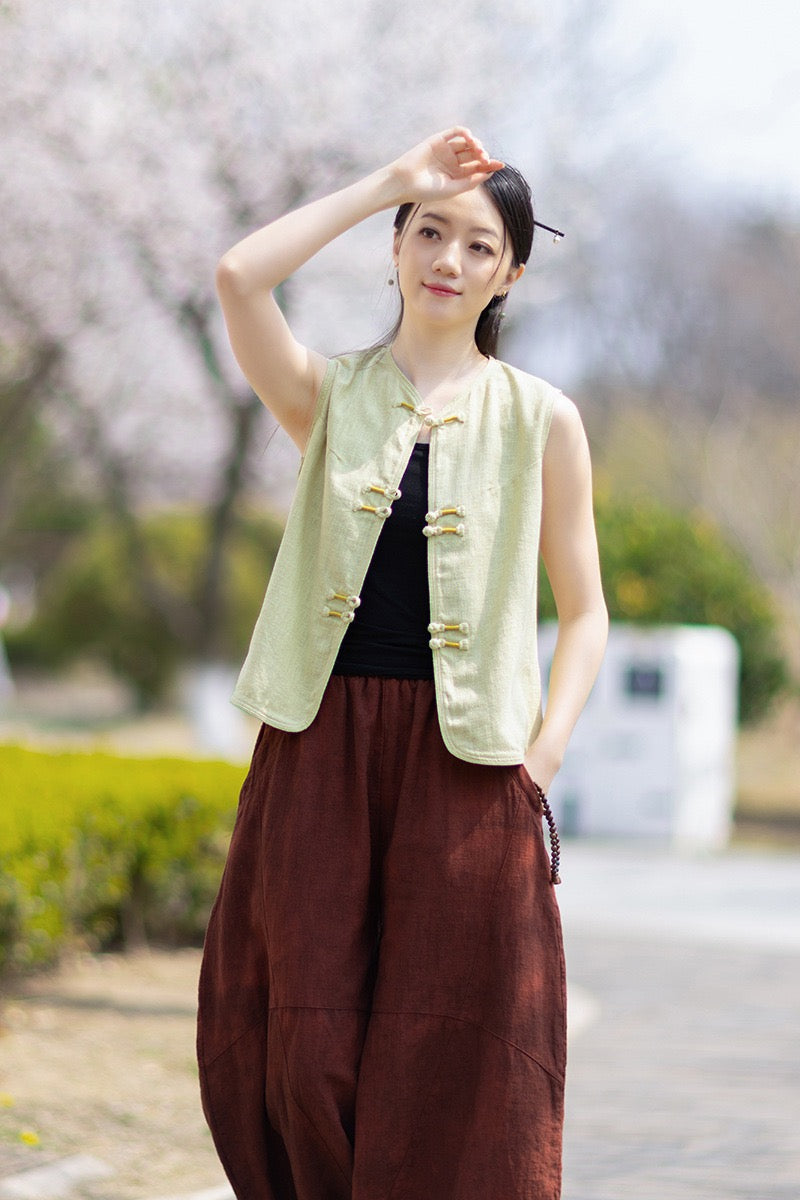 Tao One Tech™ • Business Qigong Cardigan Vest • Sleeveless • Chinoiserie • Ramie Cotton