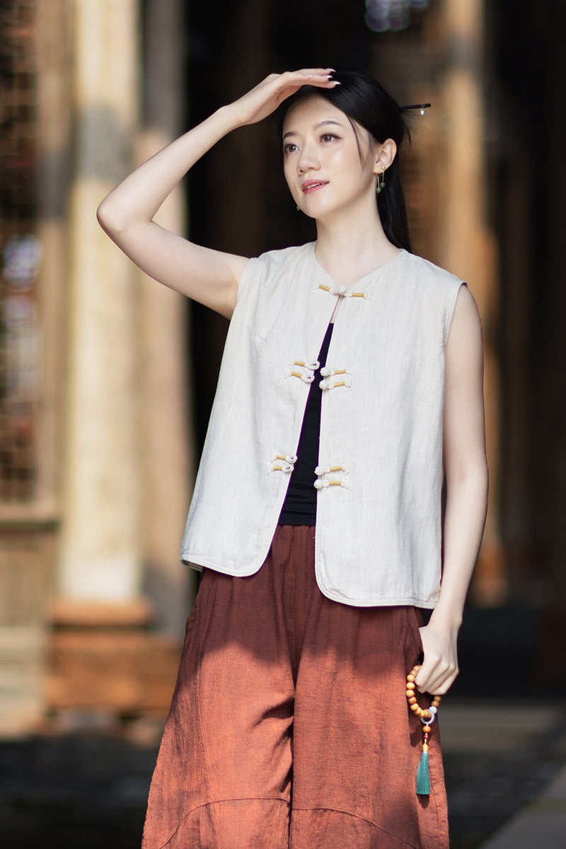 Tao One Tech™ • Business Qigong Cardigan Vest • Sleeveless • Chinoiserie • Ramie Cotton