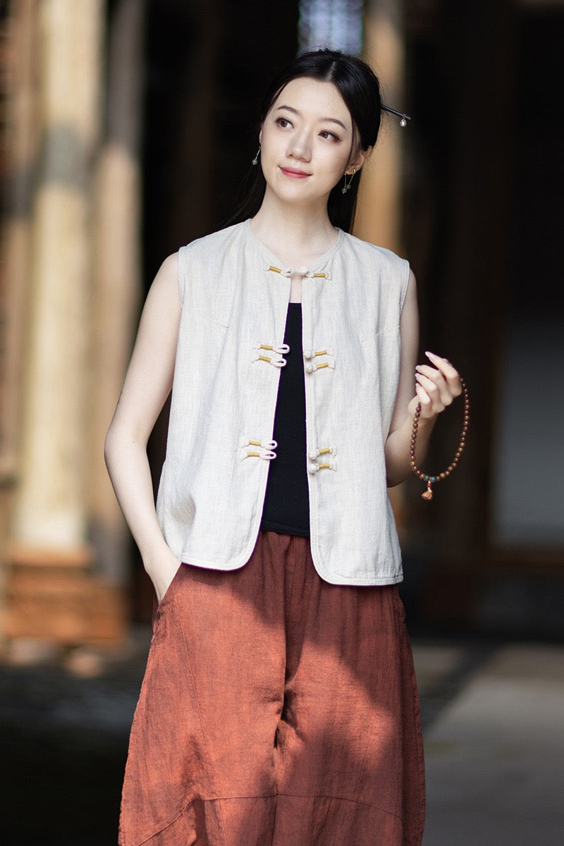 Tao One Tech™ • Business Qigong Cardigan Vest • Sleeveless • Chinoiserie • Ramie Cotton