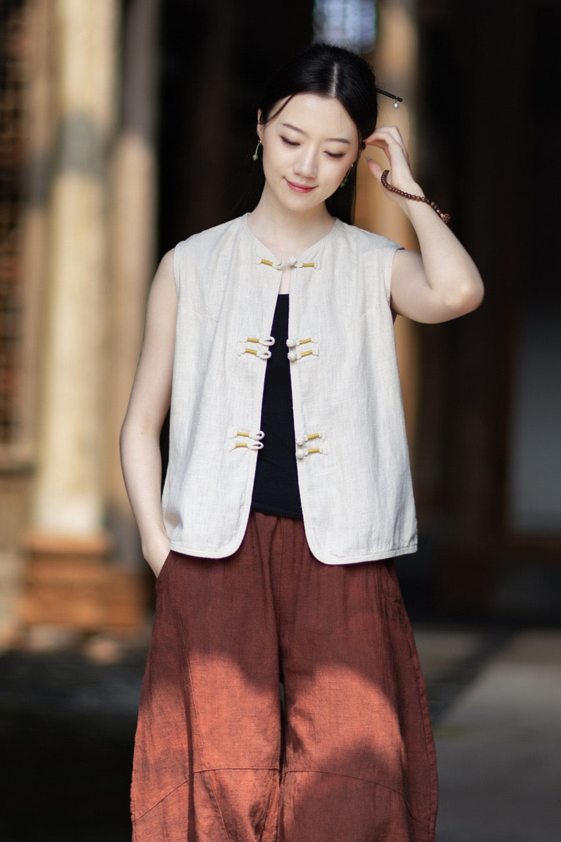 Tao One Tech™ • Business Qigong Cardigan Vest • Sleeveless • Chinoiserie • Ramie Cotton